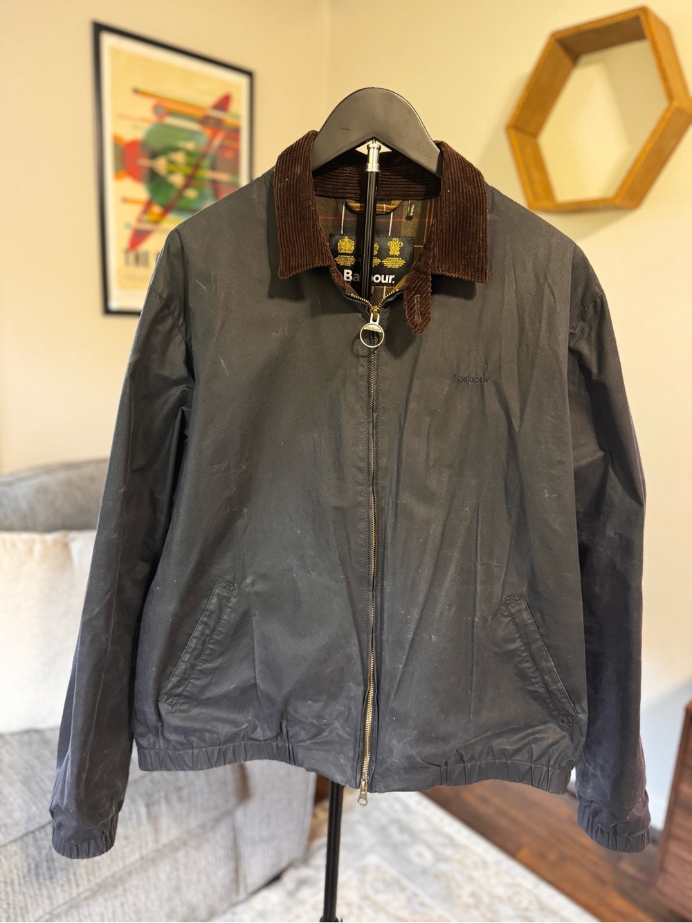 Barbour Vital Lightweight Wax Jacket Men’s L Brown Corduroy Collar Tartan